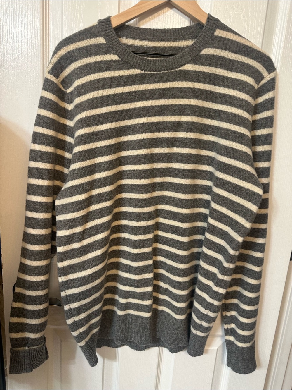 J. Crew Gray and Cream Striped Crewneck Sweater